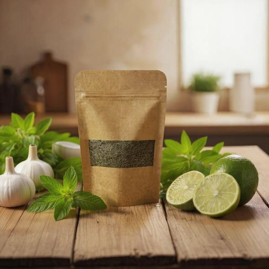 Kraft paper package with green label on a wooden table with limes and herbs